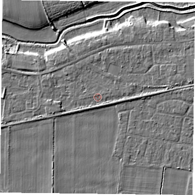 Shaded relief map of the ground around YO84JL, computed from Environment Agency LiDAR. The ground here sits at about 6 m above sea level and falls 6 m across the surrounding 800 m. Surface water reaching this point runs off ground lying to the west-south-west, 1.6 m higher.