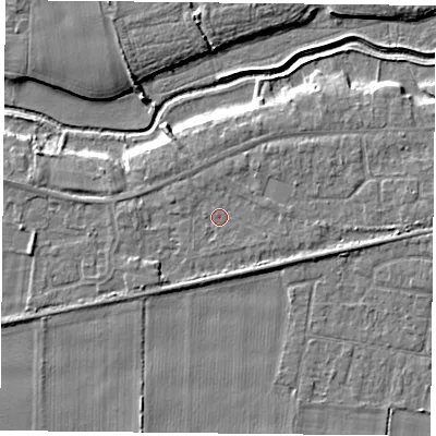 Shaded relief map of the ground around YO84JN, computed from Environment Agency LiDAR. The ground here sits at about 6 m above sea level and falls 5 m across the surrounding 800 m. Surface water reaching this point runs off ground lying to the north, 0.7 m higher.