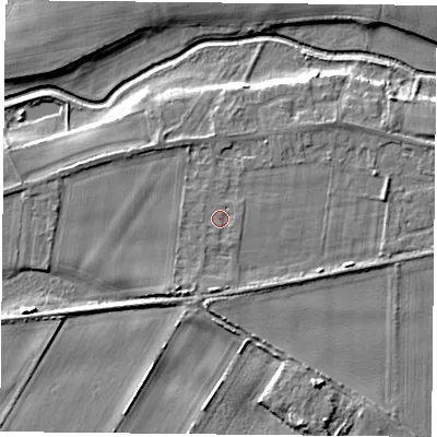 Shaded relief map of the ground around YO84JP, computed from Environment Agency LiDAR. The ground here sits at about 6 m above sea level and falls 7 m across the surrounding 800 m. Surface water reaching this point runs off ground lying to the south-south-east, 0.9 m higher.