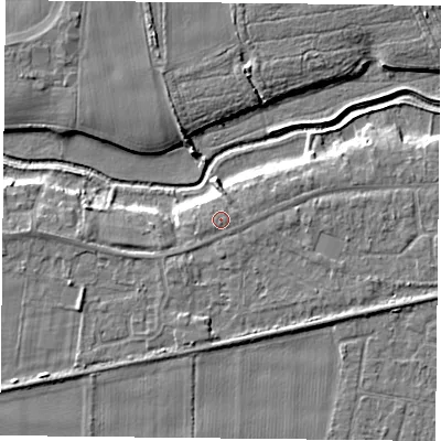 Shaded relief map of the ground around YO84JQ, computed from Environment Agency LiDAR. The ground here sits at about 6 m above sea level and falls 5 m across the surrounding 800 m. The ground contributing surface water to this point lies to the east-south-east.