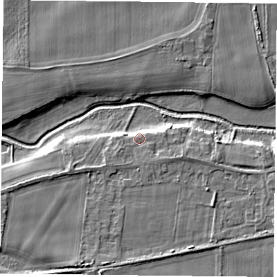 Shaded relief map of the ground around YO84JR, computed from Environment Agency LiDAR. The ground here sits at about 6 m above sea level and falls 6 m across the surrounding 800 m. Surface water reaching this point runs off ground lying to the east-south-east, 3.6 m higher.