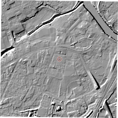 Shaded relief map of the ground around YO84JS, computed from Environment Agency LiDAR. The ground here sits at about 6 m above sea level and falls 10 m across the surrounding 800 m. The ground contributing surface water to this point lies to the north-north-west.