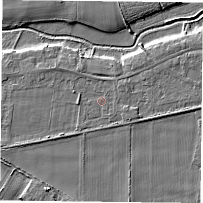 Shaded relief map of the ground around YO84JT, computed from Environment Agency LiDAR. The ground here sits at about 6 m above sea level and falls 7 m across the surrounding 800 m. Surface water reaching this point runs off ground lying to the east-south-east, 1.2 m higher.