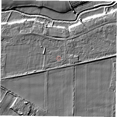 Shaded relief map of the ground around YO84JW, computed from Environment Agency LiDAR. The ground here sits at about 6 m above sea level and falls 7 m across the surrounding 800 m. Surface water reaching this point runs off ground lying to the east-south-east, 1.1 m higher.