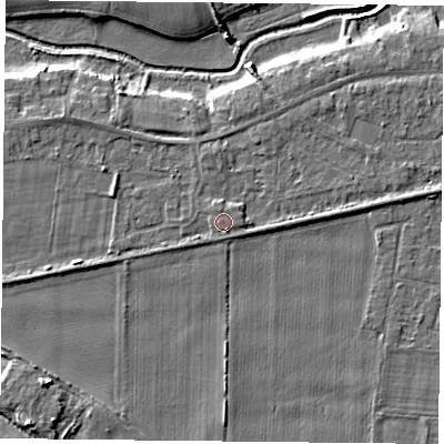 Shaded relief map of the ground around YO84JX, computed from Environment Agency LiDAR. The ground here sits at about 7 m above sea level and falls 7 m across the surrounding 800 m. Surface water reaching this point runs off ground lying to the south-south-east, 0.6 m higher.