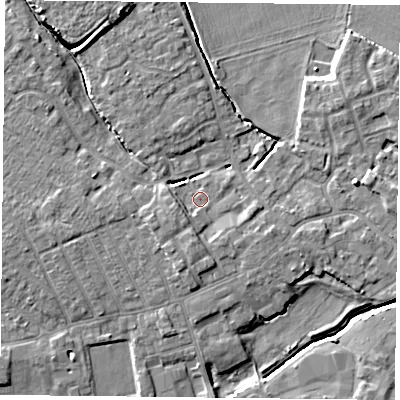 Shaded relief map of the ground around YO84LB, computed from Environment Agency LiDAR. The ground here sits at about 5 m above sea level and falls 7 m across the surrounding 800 m. Surface water reaching this point runs off ground lying to the south-south-west, 2.8 m higher.