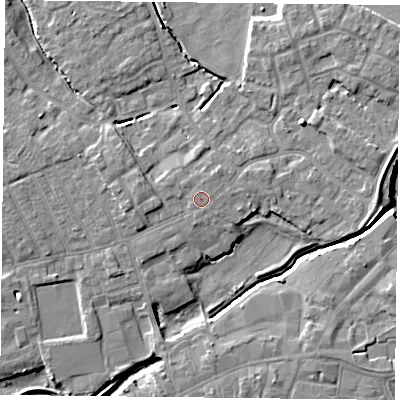 Shaded relief map of the ground around YO84LG, computed from Environment Agency LiDAR. The ground here sits at about 6 m above sea level and falls 6 m across the surrounding 800 m. Surface water reaching this point runs off ground lying to the west-north-west, 0.8 m higher.