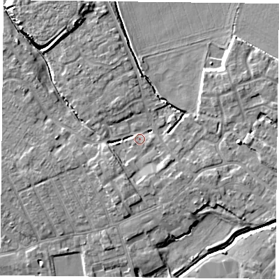Shaded relief map of the ground around YO84LR, computed from Environment Agency LiDAR. The ground here sits at about 5 m above sea level and falls 7 m across the surrounding 800 m. Surface water reaching this point runs off ground lying to the east, 3.0 m higher.