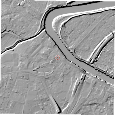 Shaded relief map of the ground around YO84NH, computed from Environment Agency LiDAR. The ground here sits at about 7 m above sea level and falls 10 m across the surrounding 800 m. Surface water reaching this point runs off ground lying to the south-west, 0.7 m higher.