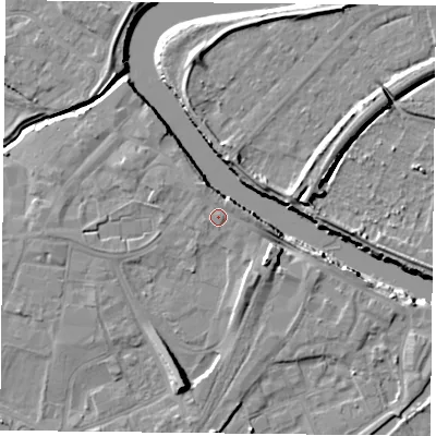 Shaded relief map of the ground around YO84NJ, computed from Environment Agency LiDAR. The ground here sits at about 6 m above sea level and falls 10 m across the surrounding 800 m. Surface water reaching this point runs off ground lying to the west, 0.9 m higher.