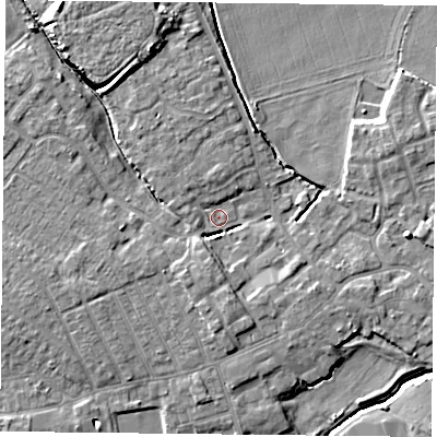 Shaded relief map of the ground around YO84NL, computed from Environment Agency LiDAR. The ground here sits at about 4 m above sea level and falls 7 m across the surrounding 800 m. Surface water reaching this point runs off ground lying to the south-south-west, 4.5 m higher.