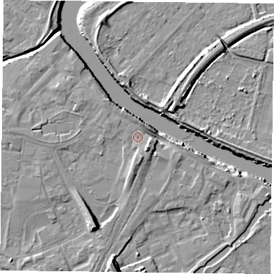 Shaded relief map of the ground around YO84NN, computed from Environment Agency LiDAR. The ground here sits at about 6 m above sea level and falls 11 m across the surrounding 800 m. Surface water reaching this point runs off ground lying to the south-east, 5.6 m higher.