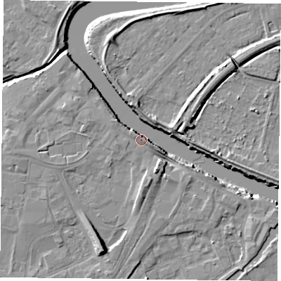 Shaded relief map of the ground around YO84NR, computed from Environment Agency LiDAR. The ground here sits at about 7 m above sea level and falls 10 m across the surrounding 800 m. Surface water reaching this point runs off ground lying to the west, 1.0 m higher.