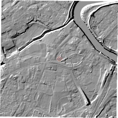 Shaded relief map of the ground around YO84NS, computed from Environment Agency LiDAR. The ground here sits at about 7 m above sea level and falls 10 m across the surrounding 800 m. Surface water reaching this point runs off ground lying to the west-south-west, 0.8 m higher.
