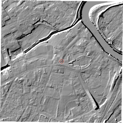 Shaded relief map of the ground around YO84NT, computed from Environment Agency LiDAR. The ground here sits at about 7 m above sea level and falls 10 m across the surrounding 800 m. Surface water reaching this point runs off ground lying to the south-west, 0.6 m higher.