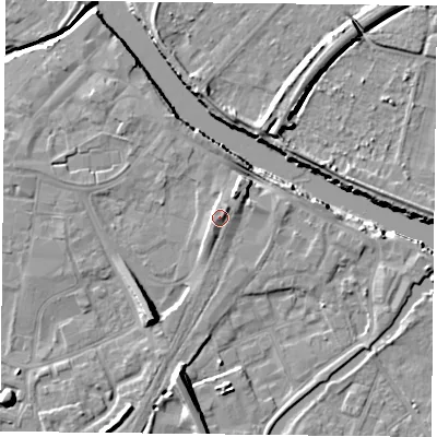 Shaded relief map of the ground around YO84NW, computed from Environment Agency LiDAR. The ground here sits at about 8 m above sea level and falls 11 m across the surrounding 800 m. Surface water reaching this point runs off ground lying to the north-east, 1.3 m higher.