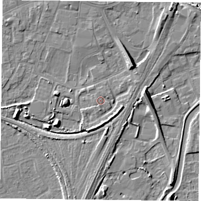 Shaded relief map of the ground around YO84NY, computed from Environment Agency LiDAR. The ground here sits at about 6 m above sea level and falls 11 m across the surrounding 800 m. Surface water reaching this point runs off ground lying to the south-south-west, 3.9 m higher.