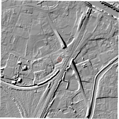 Shaded relief map of the ground around YO84NZ, computed from Environment Agency LiDAR. The ground here sits at about 6 m above sea level and falls 11 m across the surrounding 800 m. Surface water reaching this point runs off ground lying to the south-west, 3.9 m higher.