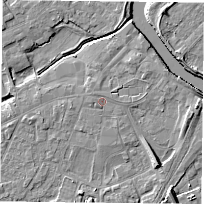 Shaded relief map of the ground around YO84PA, computed from Environment Agency LiDAR. The ground here sits at about 6 m above sea level and falls 10 m across the surrounding 800 m. Surface water reaching this point runs off ground lying to the north-west, 1.3 m higher.