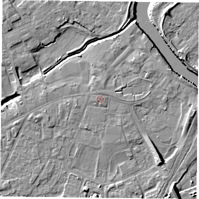 Shaded relief map of the ground around YO84PB, computed from Environment Agency LiDAR. The ground here sits at about 7 m above sea level and falls 10 m across the surrounding 800 m. Surface water reaching this point runs off ground lying to the north-north-west, 0.8 m higher.