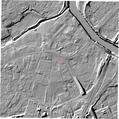 Shaded relief map of the ground around YO84PD, computed from Environment Agency LiDAR. The ground here sits at about 6 m above sea level and falls 10 m across the surrounding 800 m. Surface water reaching this point runs off ground lying to the north, 0.6 m higher.