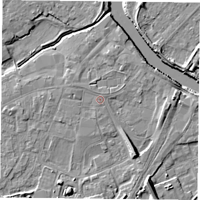 Shaded relief map of the ground around YO84PE, computed from Environment Agency LiDAR. The ground here sits at about 6 m above sea level and falls 10 m across the surrounding 800 m. Surface water reaching this point runs off ground lying to the north-east, 0.6 m higher.