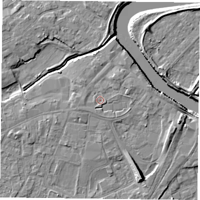 Shaded relief map of the ground around YO84PF, computed from Environment Agency LiDAR. The ground here sits at about 6 m above sea level and falls 10 m across the surrounding 800 m. Surface water reaching this point runs off ground lying to the east-north-east, 1.1 m higher.