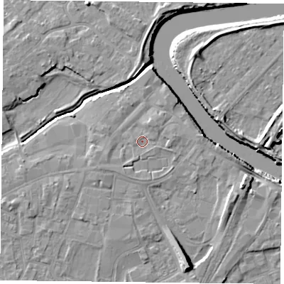 Shaded relief map of the ground around YO84PG, computed from Environment Agency LiDAR. The ground here sits at about 6 m above sea level and falls 10 m across the surrounding 800 m. Surface water reaching this point runs off ground lying to the east, 1.1 m higher.
