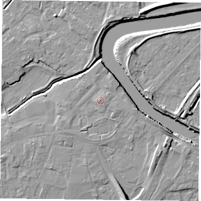 Shaded relief map of the ground around YO84PH, computed from Environment Agency LiDAR. The ground here sits at about 7 m above sea level and falls 10 m across the surrounding 800 m. Surface water reaching this point runs off ground lying to the north, 1.2 m higher.