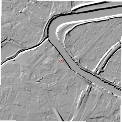Shaded relief map of the ground around YO84PJ, computed from Environment Agency LiDAR. The ground here sits at about 6 m above sea level and falls 9 m across the surrounding 800 m. Surface water reaching this point runs off ground lying to the west-south-west, 2.0 m higher.