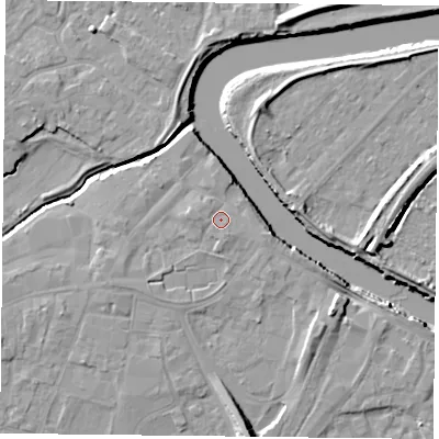 Shaded relief map of the ground around YO84PL, computed from Environment Agency LiDAR. The ground here sits at about 7 m above sea level and falls 10 m across the surrounding 800 m. Surface water reaching this point runs off ground lying to the west, 1.5 m higher.
