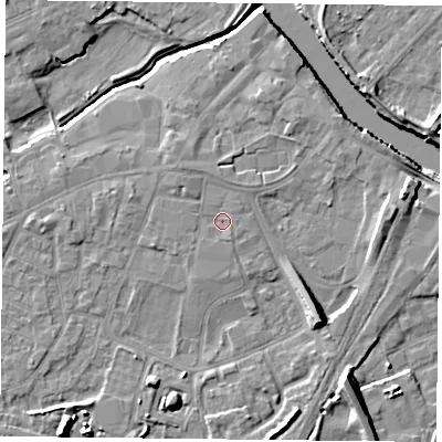 Shaded relief map of the ground around YO84PN, computed from Environment Agency LiDAR. The ground here sits at about 6 m above sea level and falls 10 m across the surrounding 800 m. Surface water reaching this point runs off ground lying to the north-north-west, 1.5 m higher.
