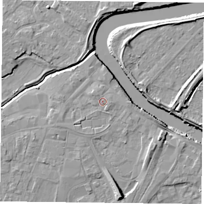 Shaded relief map of the ground around YO84PQ, computed from Environment Agency LiDAR. The ground here sits at about 7 m above sea level and falls 10 m across the surrounding 800 m. Surface water reaching this point runs off ground lying to the east, 0.9 m higher.