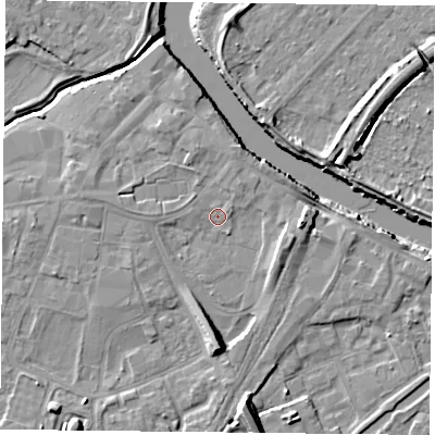 Shaded relief map of the ground around YO84PR, computed from Environment Agency LiDAR. The ground here sits at about 6 m above sea level and falls 11 m across the surrounding 800 m. Surface water reaching this point runs off ground lying to the north-north-west, 1.8 m higher.