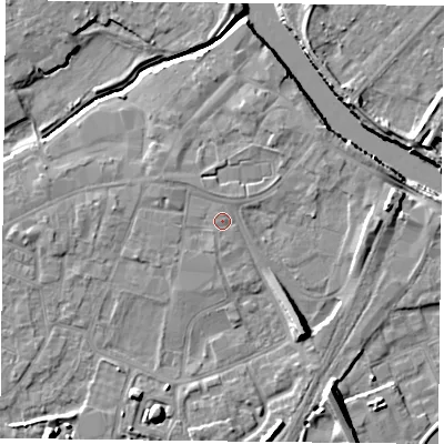 Shaded relief map of the ground around YO84PS, computed from Environment Agency LiDAR. The ground here sits at about 6 m above sea level and falls 10 m across the surrounding 800 m. Surface water reaching this point runs off ground lying to the north, 0.5 m higher.
