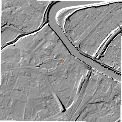 Shaded relief map of the ground around YO84PT, computed from Environment Agency LiDAR. The ground here sits at about 6 m above sea level and falls 10 m across the surrounding 800 m. Surface water reaching this point runs off ground lying to the north-north-west, 1.3 m higher.
