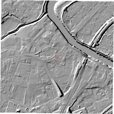 Shaded relief map of the ground around YO84PU, computed from Environment Agency LiDAR. The ground here sits at about 6 m above sea level and falls 11 m across the surrounding 800 m. Surface water reaching this point runs off ground lying to the west-south-west, 1.4 m higher.