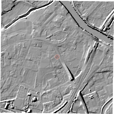 Shaded relief map of the ground around YO84PW, computed from Environment Agency LiDAR. The ground here sits at about 6 m above sea level and falls 11 m across the surrounding 800 m. Surface water reaching this point runs off ground lying to the north, 1.4 m higher.