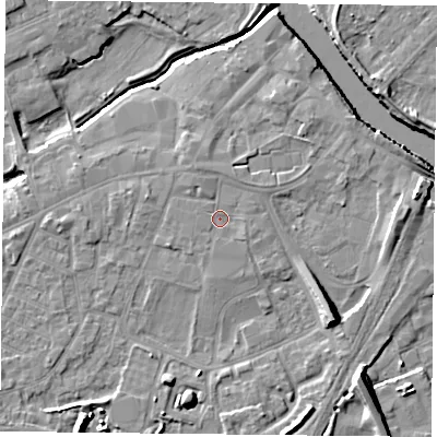 Shaded relief map of the ground around YO84PX, computed from Environment Agency LiDAR. The ground here sits at about 6 m above sea level and falls 10 m across the surrounding 800 m. Surface water reaching this point runs off ground lying to the north-north-west, 1.5 m higher.