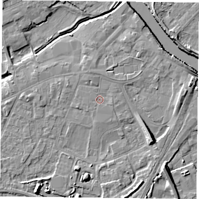 Shaded relief map of the ground around YO84PY, computed from Environment Agency LiDAR. The ground here sits at about 6 m above sea level and falls 10 m across the surrounding 800 m. Surface water reaching this point runs off ground lying to the north-north-west, 1.5 m higher.