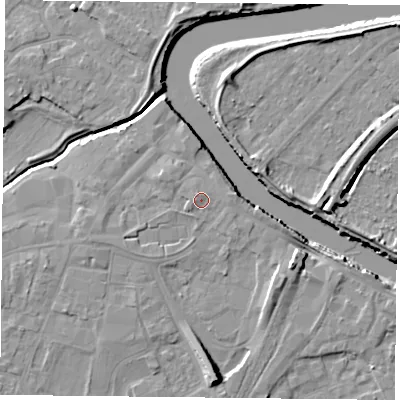 Shaded relief map of the ground around YO84PZ, computed from Environment Agency LiDAR. The ground here sits at about 7 m above sea level and falls 10 m across the surrounding 800 m. Surface water reaching this point runs off ground lying to the north-west, 1.0 m higher.