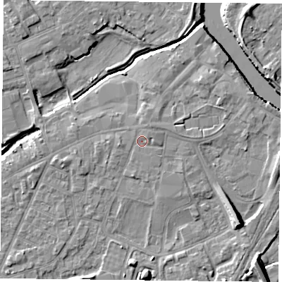 Shaded relief map of the ground around YO84QA, computed from Environment Agency LiDAR. The ground here sits at about 6 m above sea level and falls 10 m across the surrounding 800 m. Surface water reaching this point runs off ground lying to the north-east, 0.7 m higher.