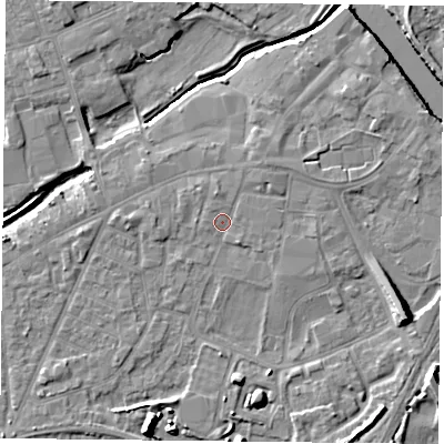 Shaded relief map of the ground around YO84QB, computed from Environment Agency LiDAR. The ground here sits at about 6 m above sea level and falls 10 m across the surrounding 800 m. Surface water reaching this point runs off ground lying to the north-east, 1.6 m higher.