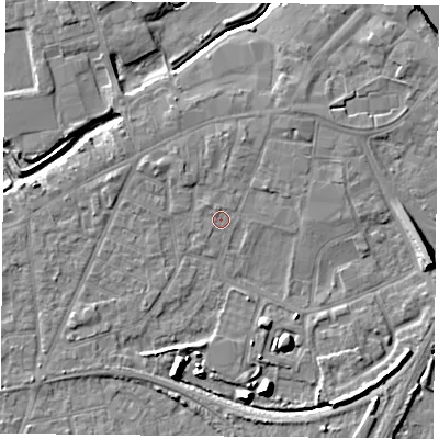 Shaded relief map of the ground around YO84QD, computed from Environment Agency LiDAR. The ground here sits at about 6 m above sea level and falls 10 m across the surrounding 800 m. Surface water reaching this point runs off ground lying to the north-west, 1.9 m higher.