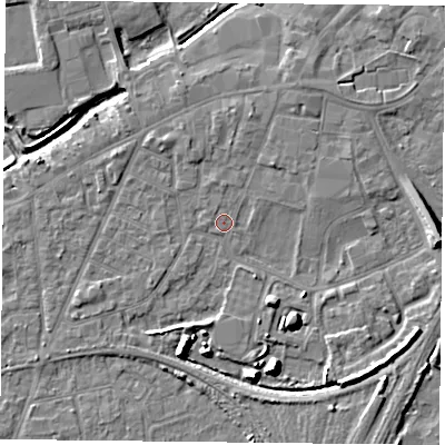 Shaded relief map of the ground around YO84QE, computed from Environment Agency LiDAR. The ground here sits at about 6 m above sea level and falls 9 m across the surrounding 800 m. Surface water reaching this point runs off ground lying to the south-south-east, 7.6 m higher.