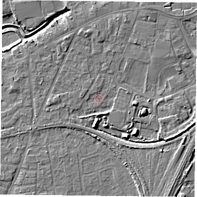 Shaded relief map of the ground around YO84QF, computed from Environment Agency LiDAR. The ground here sits at about 5 m above sea level and falls 9 m across the surrounding 800 m. Surface water reaching this point runs off ground lying to the south-south-west, 2.8 m higher.