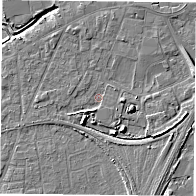 Shaded relief map of the ground around YO84QG, computed from Environment Agency LiDAR. The ground here sits at about 5 m above sea level and falls 9 m across the surrounding 800 m. Surface water reaching this point runs off ground lying to the south-south-west, 2.1 m higher.