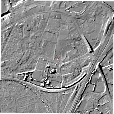 Shaded relief map of the ground around YO84QH, computed from Environment Agency LiDAR. The ground here sits at about 5 m above sea level and falls 10 m across the surrounding 800 m. Surface water reaching this point runs off ground lying to the east, 7.6 m higher.