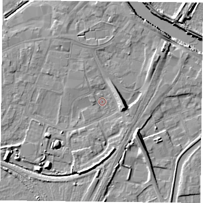 Shaded relief map of the ground around YO84QJ, computed from Environment Agency LiDAR. The ground here sits at about 5 m above sea level and falls 11 m across the surrounding 800 m. Surface water reaching this point runs off ground lying to the east-south-east, 6.8 m higher.