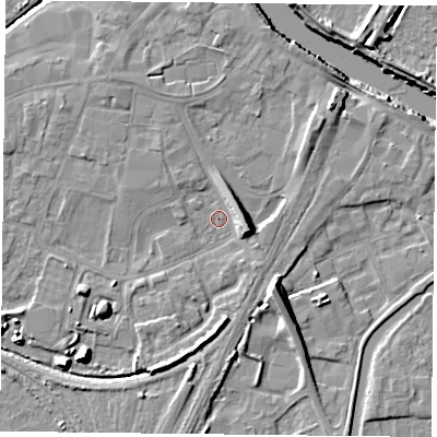 Shaded relief map of the ground around YO84QL, computed from Environment Agency LiDAR. The ground here sits at about 5 m above sea level and falls 11 m across the surrounding 800 m. Surface water reaching this point runs off ground lying to the east-south-east, 6.7 m higher.